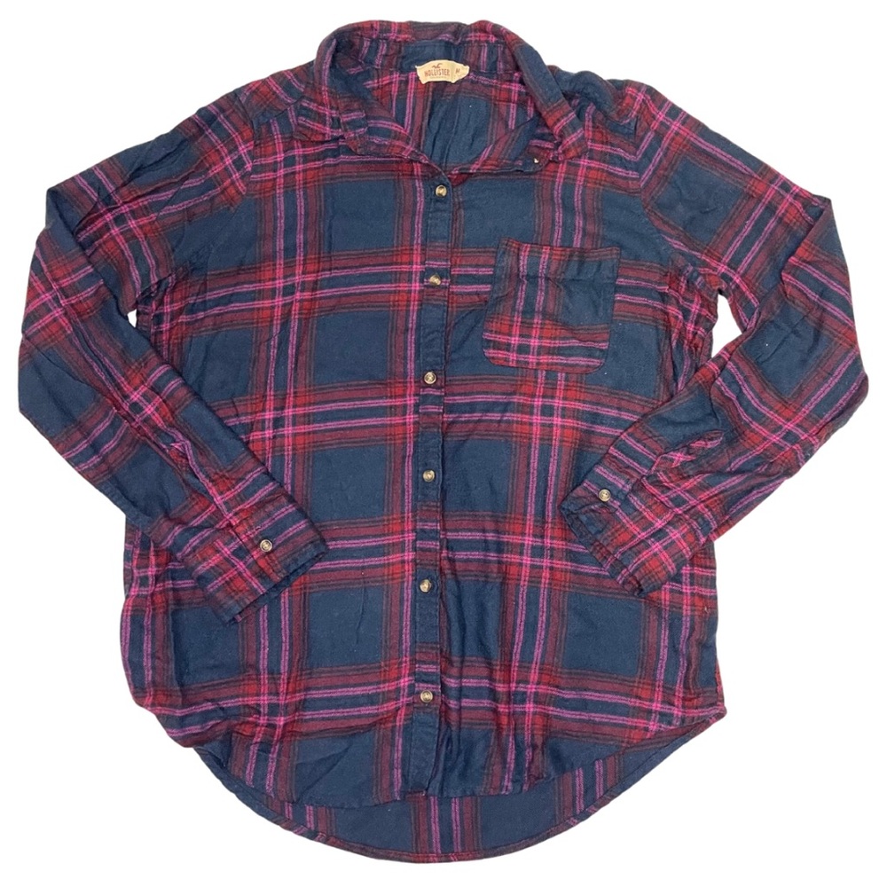 Hollister Navy Blue and Red Plaid Button Down Flannel